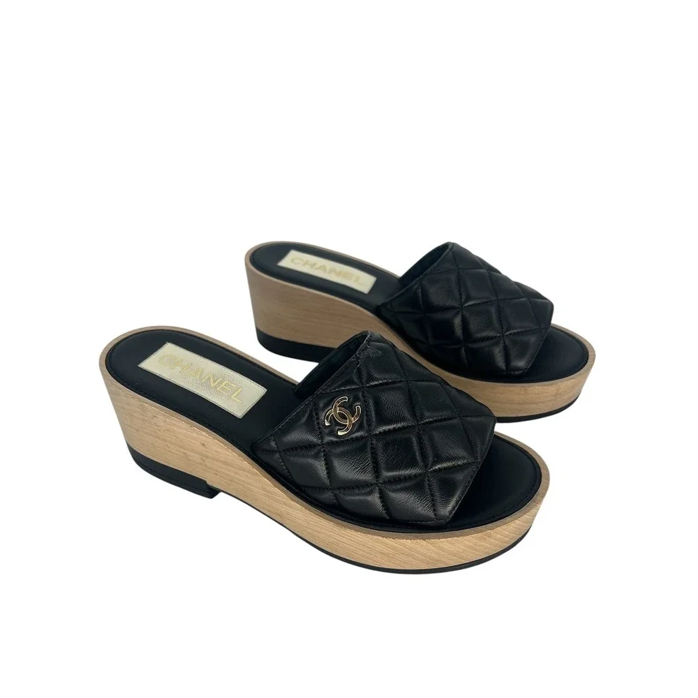 Chanel 2022 Cruise Quilted CC Platform Slide Sandals Black Size 40